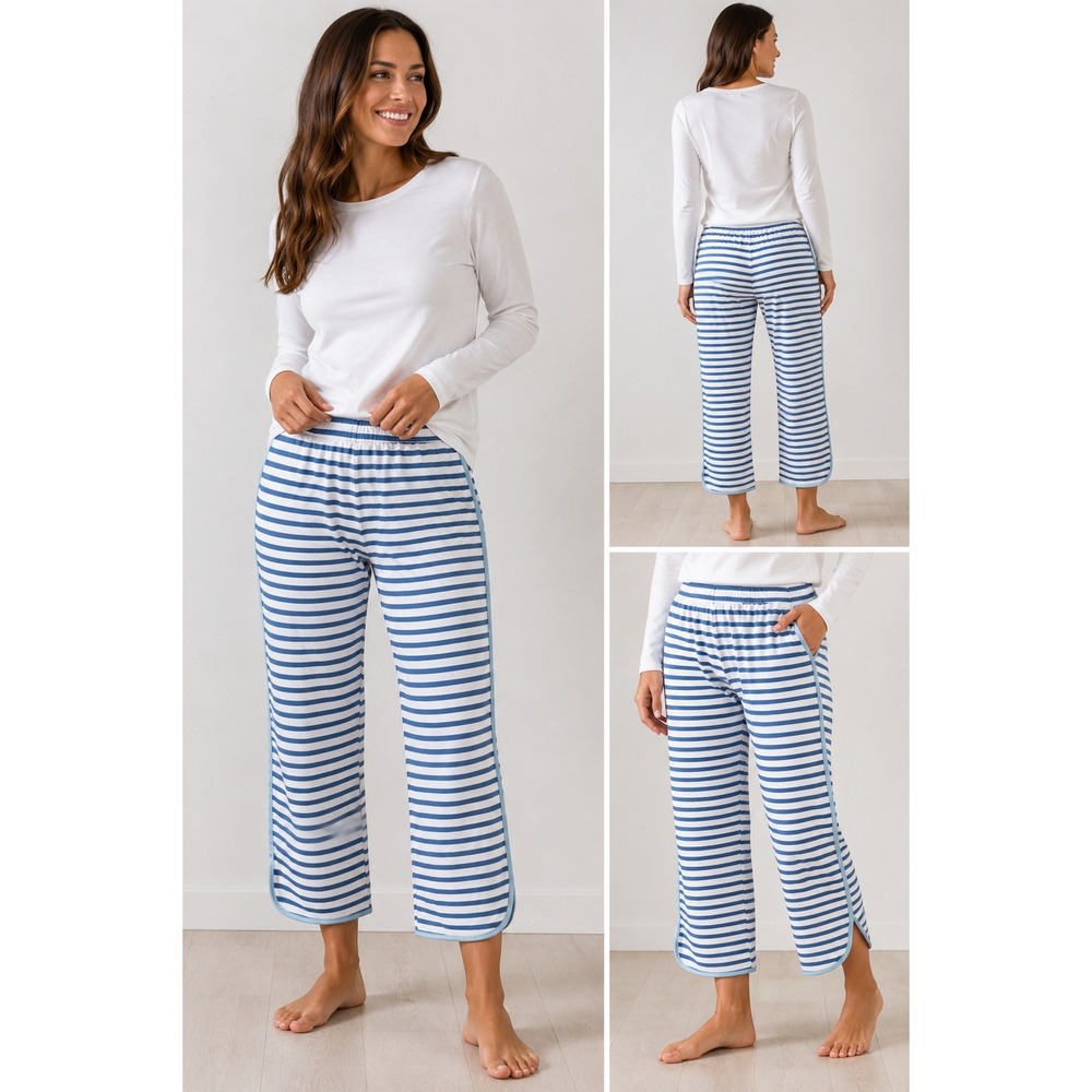 LAKE Pajamas Blue White Striped Pima Cotton Crop Lounge Pants XXL Womens